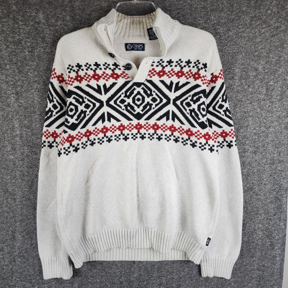 Chaps Sweater Mens M Mock Neck Fair Isle Cream Black Red Heavyweight Cotton EUC